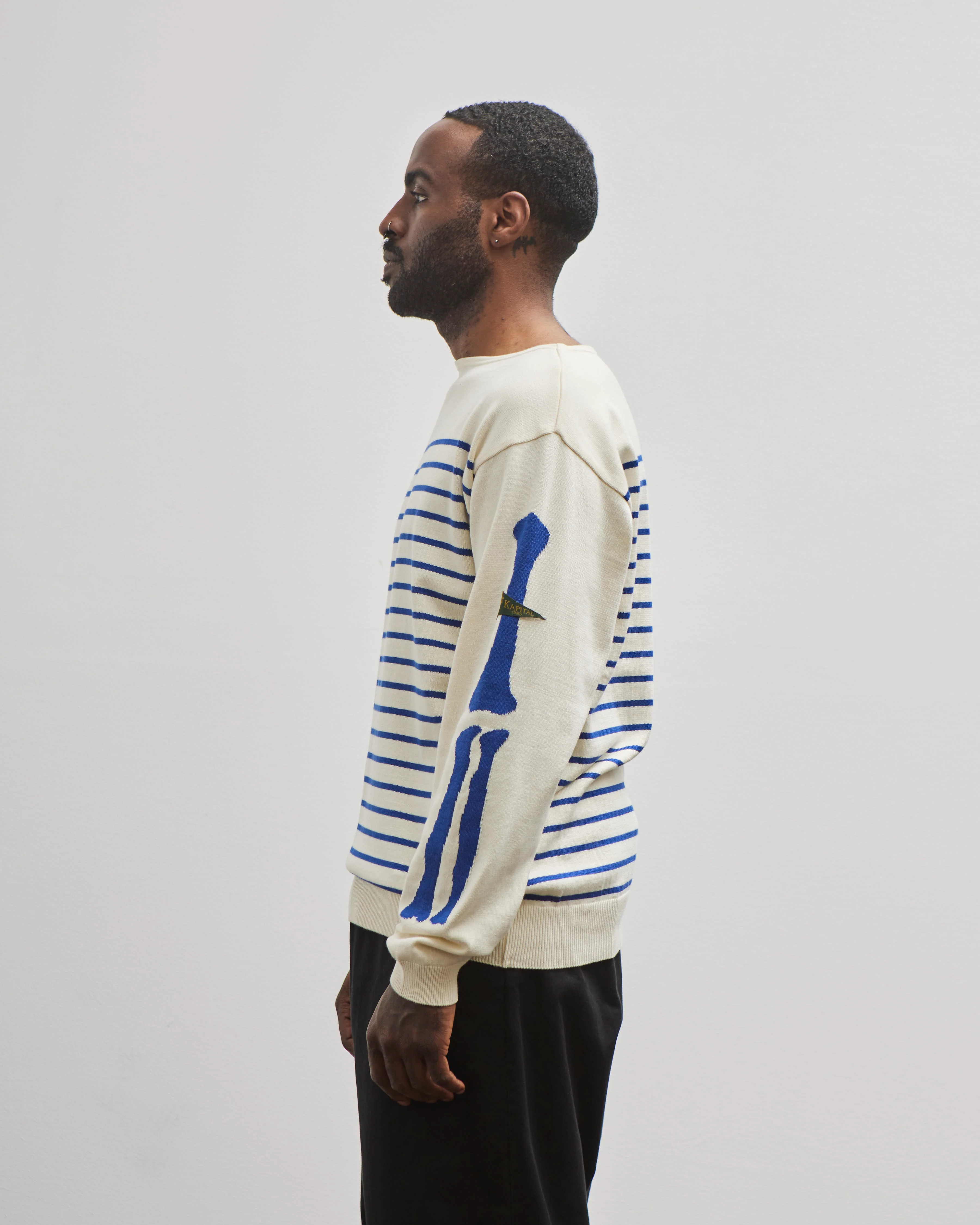 Kapital Unisex 12G Panel Stripe Knit Boat-Neck Sweater (BONE Sleeve), ECRxBlue - Image 5