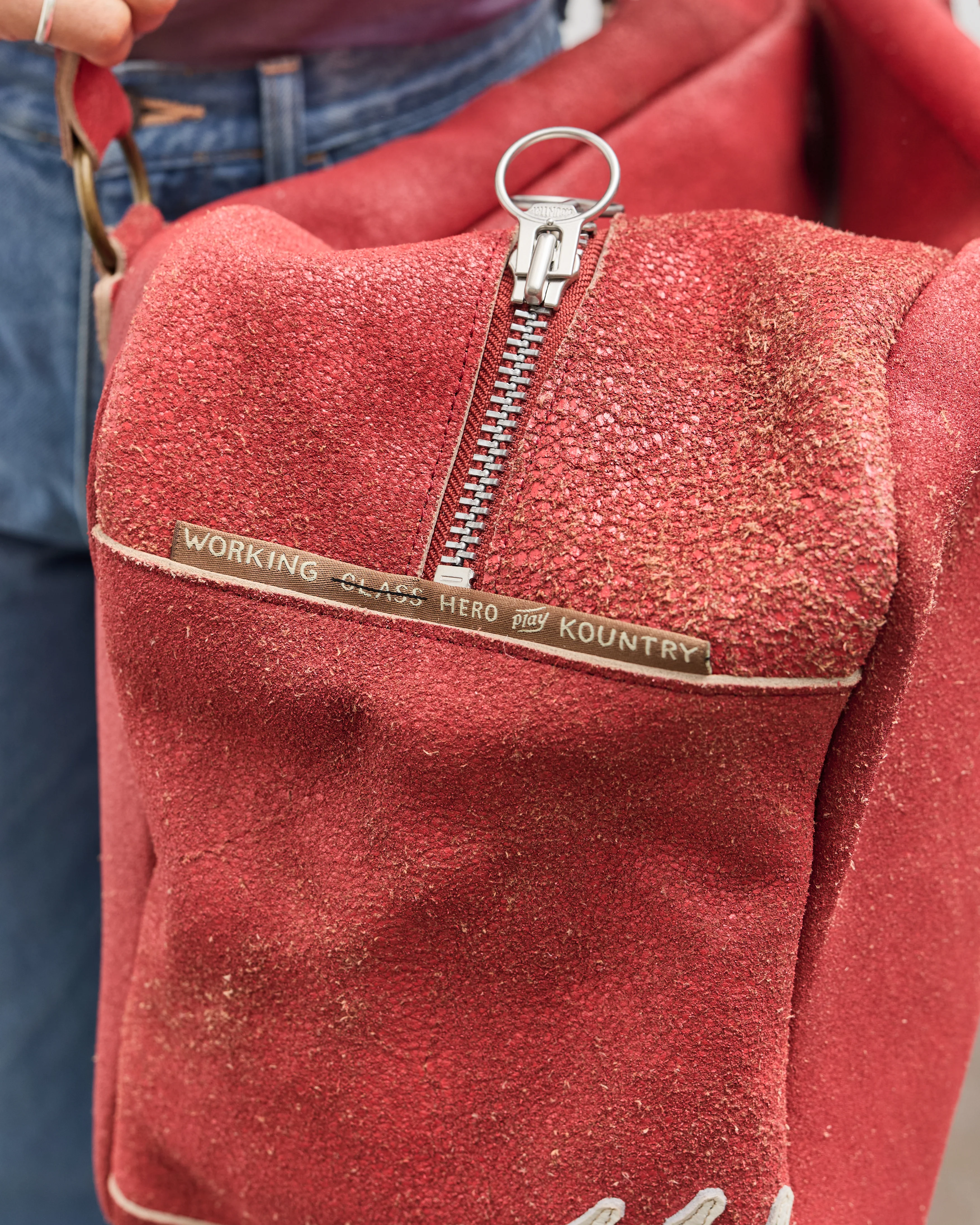 Kapital Crack Leather FARGO Bag (BONE PALM), Red - Image 4
